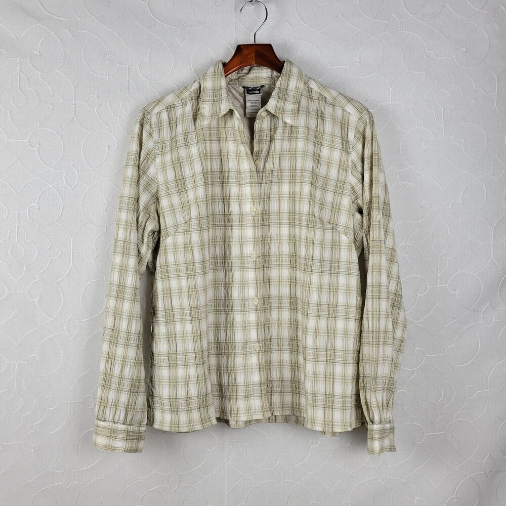 The North Face Womens Shirt Size XL Tan Crinkled Plaid Button Down Long Sleeve